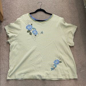 White Stag Green Striped Top with Blue Floral Embroidery